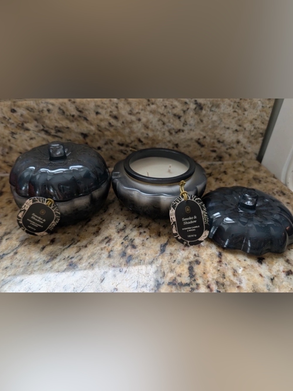 2pk Pumpkin Candle Jar 2 Wick Small Black Glass Pumpkin Smoke and Shadow Scent
